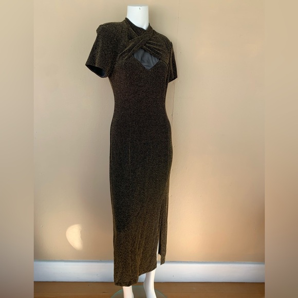 Vintage 90s Gold Peekaboo Evening Dress | Short Sleeve Mockneck Gown w Slit - Picture 6 of 11